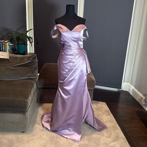 Full Length Purple Satin Off the Shoulder Mermaid Fit Prom Formal Dress Size 6